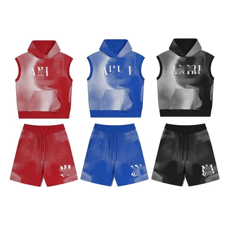 幻影印花加绒宽松连帽无袖卫衣套装时尚短裤-CY