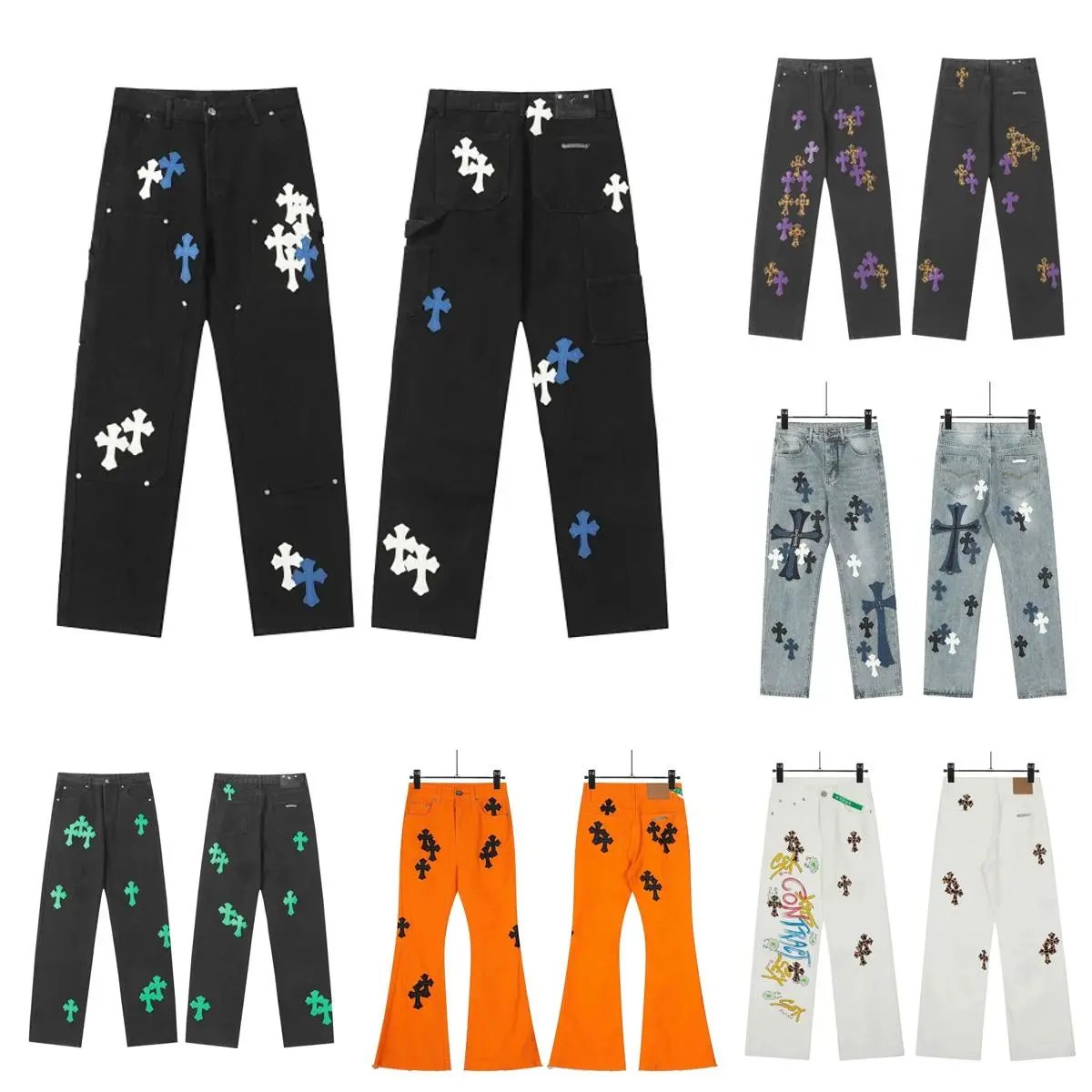 QEWBG 美式复古轻奢十字架宽松显瘦阔腿直筒裤牛仔裤